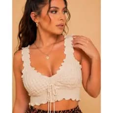 Top Cropped Tricô Feminino Modal Decote V Alça Larga Canelado Elegante Premium