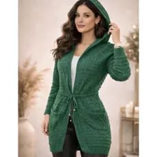 Cardigan Feminino Tricô Modal com Capuz Casaco Longo Inverno Elegante Ajustável Moda Outono Inverno.