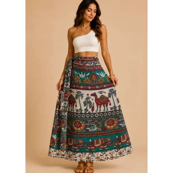Saia Envelope Indiana Longa Feminina Estampada Boho Chic Ajustável Moda Praia Veste 38 ao 50