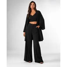 Conjunto Feminino 3 Peças Calça Pantalona Alfaiataria Kimono Top Cropped Casual Elegante