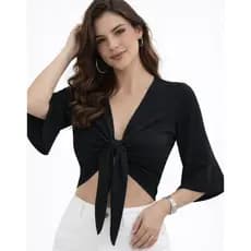 Blusa Amarração Feminina Manga Flare Decote V Elegante Cropped