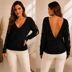 Suéter Feminino Tricô Elegante Manga Longa Blusa de Inverno Decote V Moda Feminina