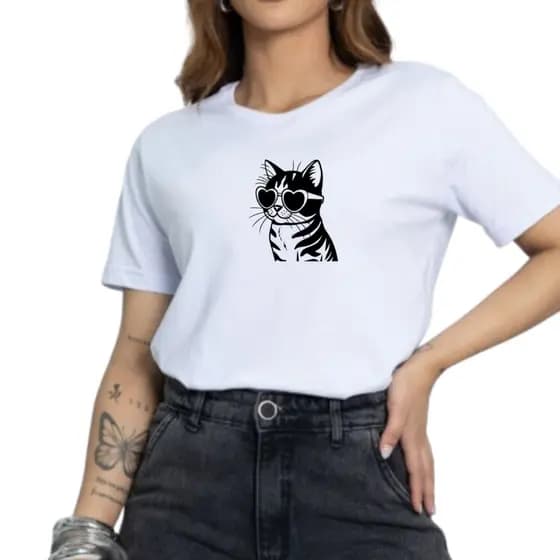 Camiseta Feminina Estampada Gatinho Estiloso Ref 035 - Envio Imediato