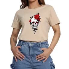 Camiseta Feminina Estampada Caveira 100% Algodão - Envio Imediato