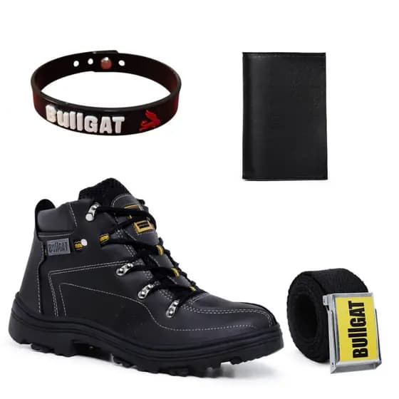 Bota Coturno Bullgat Masculino Confortável de Couro + Cinto + Carteira e Pulseira