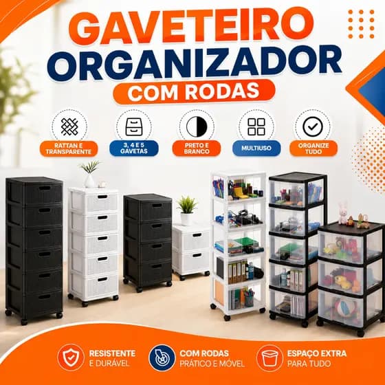 Gaveteiro Organizador 3, 4 e 5 Gavetas com Rodinhas Plástico Resistente, Cor Preto/Branco, Multiuso
