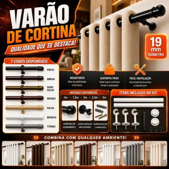 Varão Bastão de Cortina Simples 1 metro, 1,5 metro, 2 metros, 2,4 metros e 3 metros 19mm Varias Cores