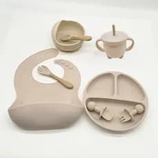 8 Peças Conjunto Talheres De Silicone Para Bebê Prato Dividido Colher Garfo Com Cabo De Madeira