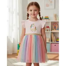 Vestido Infantil Colorido Saia de Tule Unicornio Para Meninas Crianças Moda Colorida Manga Curta