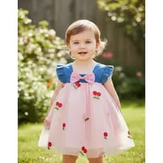 Vestido bebê menina tule estampa fruta com laço estilo verão