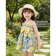 Vestido festa menina de algodão com laço e pintura a óleo de verão praia com chapéu de palha grátis