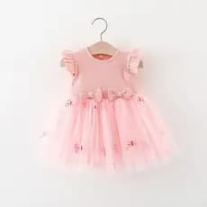 Novo estilo de meninas com flores na cintura, saia de tule de malha, vestido de mangas esvoaçantes