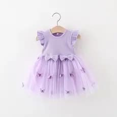 Vestido baby menina borboleta estampada dois laço na cintura manga moda feminina