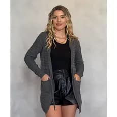 Cardigan Feminina Casaco Parka Tricot Capuz Modal Blusa Frio Inverno