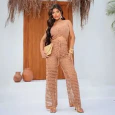 Saída de Praia Calça Tricot Branca e  Nude Tecido Premium