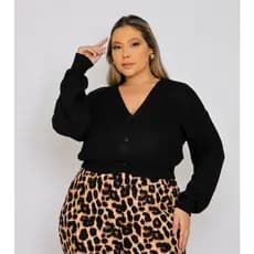 Casaco cropped Plus Size de tricô Premiu com botão forrado Moda Blogueira