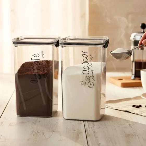 Kit Cantinho do Café + Açúcar  | 2 Potes 1450 ml | Potes Herméticos em Acrílico Empilhavel