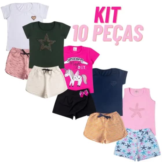 Kit 10 Peças Sortido Conjunto Infantil Verão Menina camiseta e bermuda roupa infantil Juvenil