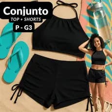 Conjunto Praia Biquini Preto Top e Shorts Cordinha Feminino