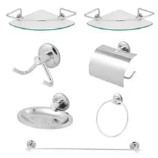Kit Acessórios Para Banheiro Inox 2 Porta Shampoo Canto Vidro