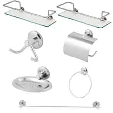 Kit Acessórios Para Banheiro Inox 2 Porta Shampoo Reto Vidro