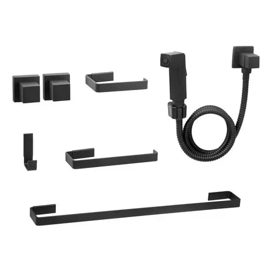 Kit De Acessórios Para Banheiro Quadrado Preto Completo Luxo