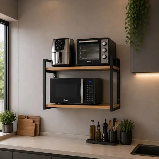 Suporte 60cm para Microondas Forno Eletrico Air Frier impressora Prateleira de Parede Nicho Industrial Aço Madeira Pinus