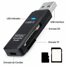 Leitor de Cartão USB 3.0 Dual Slot 2 em 1 SD/Micro SD TF Compatível com SDHC, SDXC e MMC - Windows, Mac e Linux