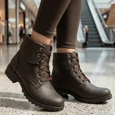 Bota Feminina Cano Médio Coturno Mid com Dobra e Ajuste em Cadarço