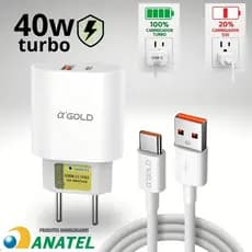 Carregador Turbo 40w Kit Fonte e Cabo USB-C Premium Agold