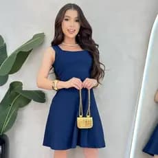 Vestido  rodado alça larga com pregas nas alça feminino Acinturado gode soltinho c/ bojo