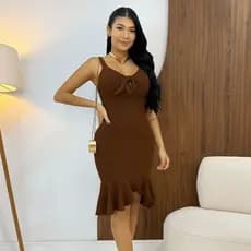 Vestido  feminino midi com laço e babado  com bojo confortável elegante