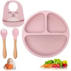 Kit alimentar alimentação prato de silicone com ventosa babador e colher Papinha Nenem comida talher Buba Introdução refeição infantil bambu