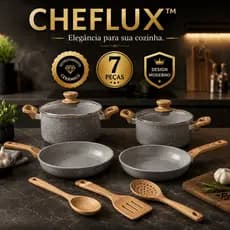 Jogo de Panelas Cerâmica 7 Peças com Tampas de Vidro e Utensílios Kit Completo Cinza