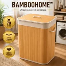 Cesto Organizador 70L Bambu com Tampa para Roupas Brinquedos Lavanderia