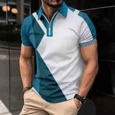 2024 Novo Estilo Camisa POLO Digital Impressa Masculina com Contraste Listrado Cor Zíper Lapela com Manga Curta POLO Camisa Multicolor