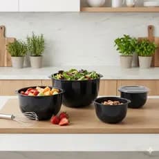 Kit Bowl Tigelas Plástica Preta Tampa Encaixe Firme Empilháveis 4 Tamanhos 400ml 800ml 2L 4L