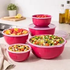 Kit Bowl Tigelas Plástica Rosa Tampa Encaixe Firme Empilháveis 4 Tamanhos 400ml 800ml 2L 4L