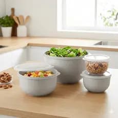 Kit Bowl Tigelas Plástica Bege Tampa Encaixe Firme Empilháveis 4 Tamanhos 400ml 800ml 2L 4L