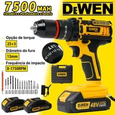 Parafusadeira Furadeira De Impacto Sem Fio 2 Baterias 48V mandril de 13mm  Acessórios completos