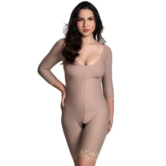 Cinta Pós Cirúrgica Short Mangas e Fecho Frontal com Modal no Bumbum Corpo Belo