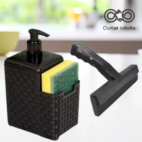 Porta Detergente Sabão Dispenser 2 em 1 Com Suporte Para Bucha Esponja e Rodo
