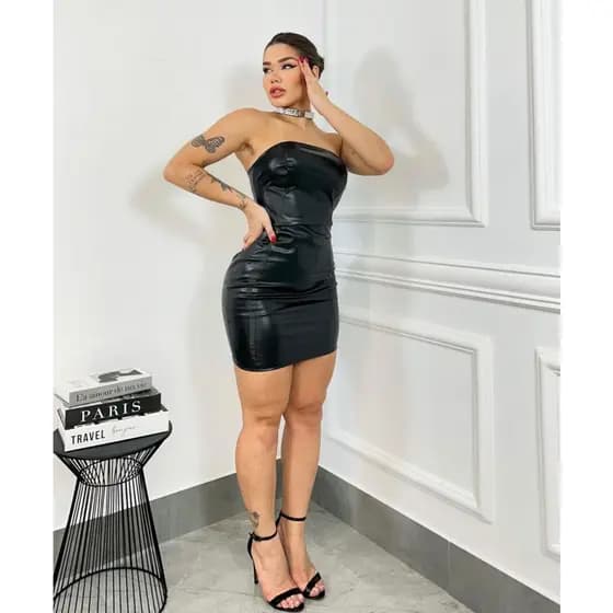 Vestido Preto Tomara Que Caia Couro Sintetico Moda Blogueira
