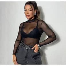 Body Tule Transparente Manga Longa Segunda Pele