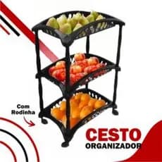 Fruteira Vertical Preta 3 Andares – Organizador com Cestos e Rodinhas