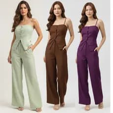 Conjunto Feminino Marrant – Calça Pantalona e Colete com Alça Regulável e Botões Elegantes