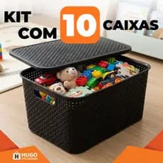 Kit 10 Caixas Cesto Organizadora Rattan 7 Litros Com Tampa Preto