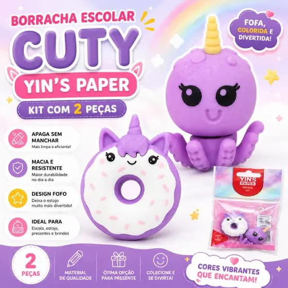 Borracha Escolar Cuty Yins Paper Kit com 2 Peças | Material Escolar Infantil Colorido e Divertido