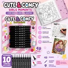Livro de Colorir Adulto Cute & Comfy Girls Moments + 10 Canetas Dupla Ponta | Anti Estresse | 49 Páginas | Presente Cria