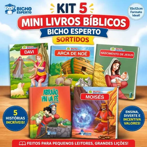 Kit 5 Mini Livros Bíblicos Infantil Sortidos Bicho Esperto Histórias Bíblicas 15x12cm